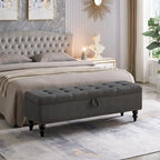 Grey / Blue / Beige Button-Tufted Fabric Storage Bench – Solid Wood Legs, 1-Seat