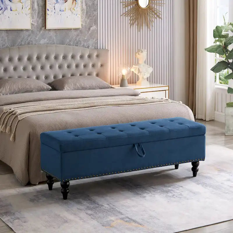 Grey / Blue / Beige Button-Tufted Fabric Storage Bench – Solid Wood Legs, 1-Seat
