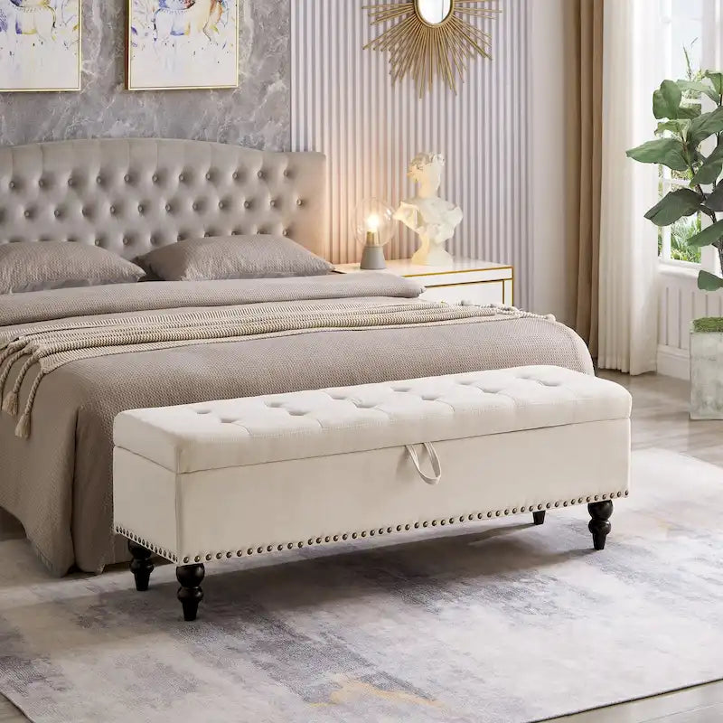 Grey / Blue / Beige Button-Tufted Fabric Storage Bench – Solid Wood Legs, 1-Seat