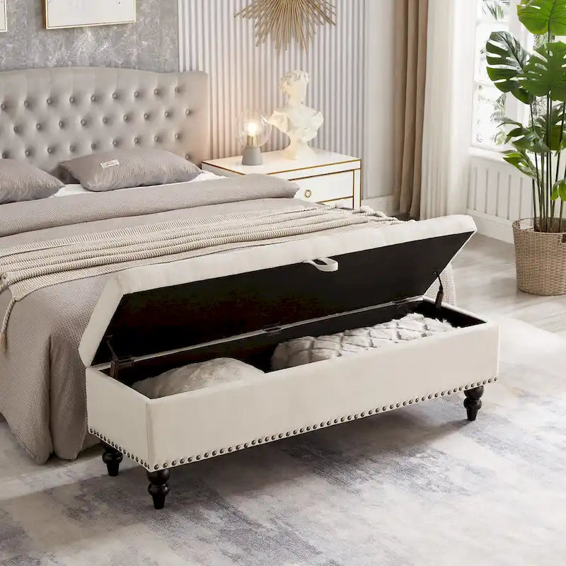 Grey / Blue / Beige Button-Tufted Fabric Storage Bench – Solid Wood Legs, 1-Seat