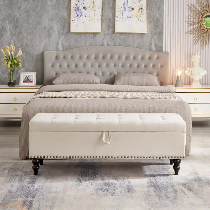 Grey / Blue / Beige Button-Tufted Fabric Storage Bench – Solid Wood Legs, 1-Seat