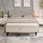 Grey / Blue / Beige Button-Tufted Fabric Storage Bench – Solid Wood Legs, 1-Seat