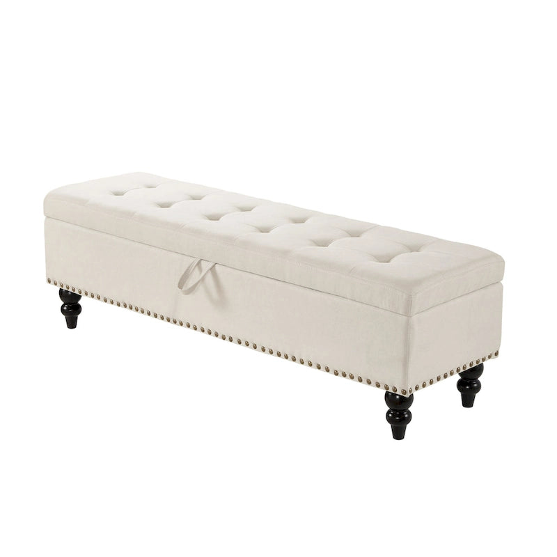 Grey / Blue / Beige Button-Tufted Fabric Storage Bench – Solid Wood Legs, 1-Seat