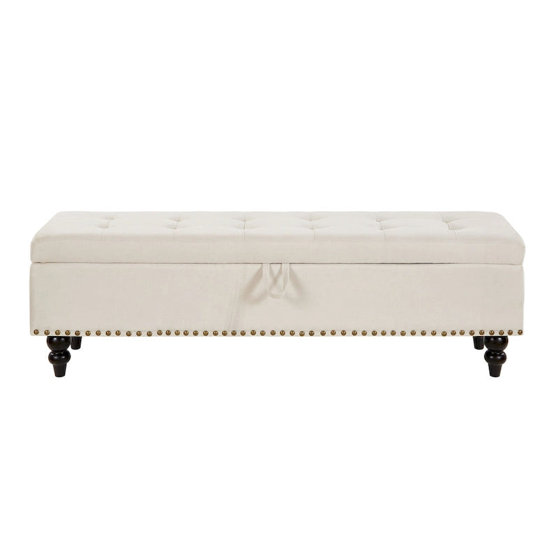 Grey / Blue / Beige Button-Tufted Fabric Storage Bench – Solid Wood Legs, 1-Seat