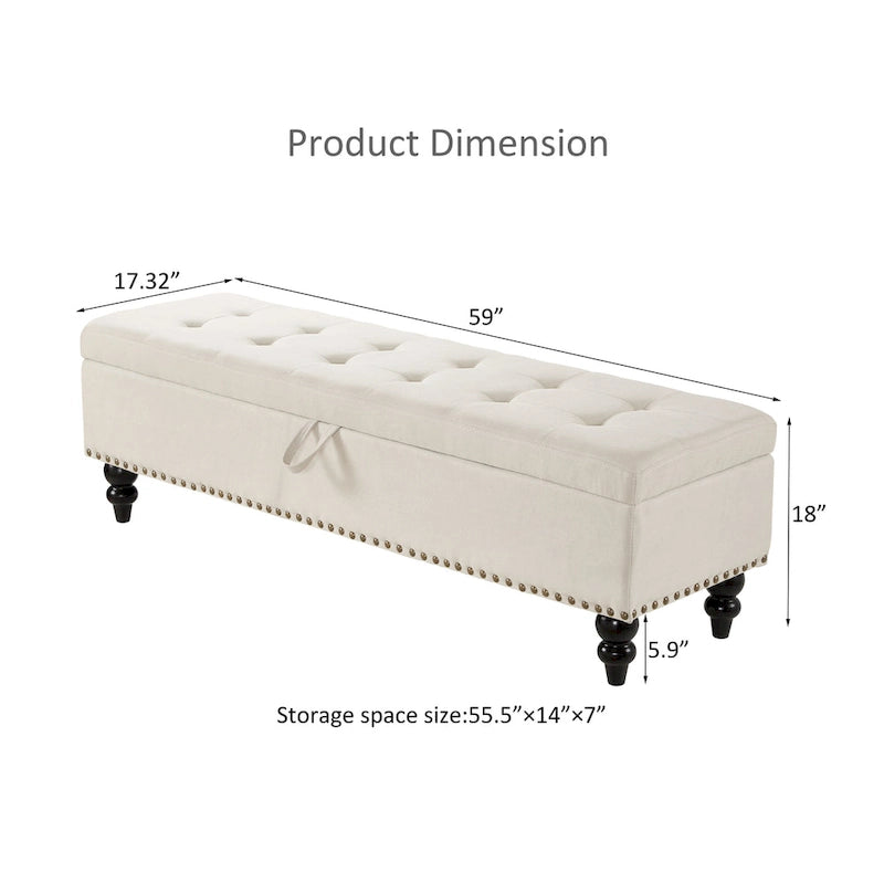 Grey / Blue / Beige Button-Tufted Fabric Storage Bench – Solid Wood Legs, 1-Seat