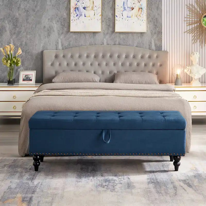 Grey / Blue / Beige Button-Tufted Fabric Storage Bench – Solid Wood Legs, 1-Seat