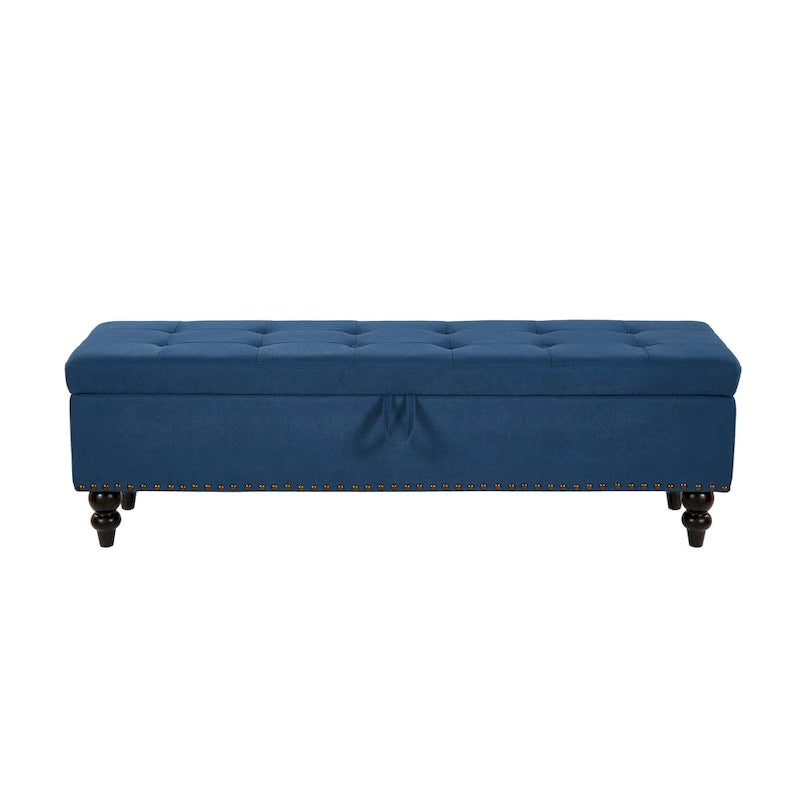 Grey / Blue / Beige Button-Tufted Fabric Storage Bench – Solid Wood Legs, 1-Seat