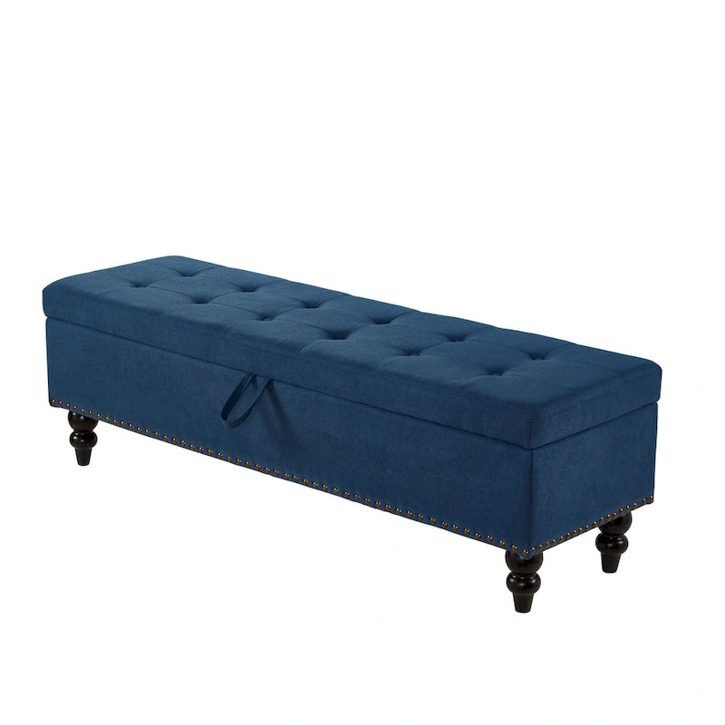 Grey / Blue / Beige Button-Tufted Fabric Storage Bench – Solid Wood Legs, 1-Seat