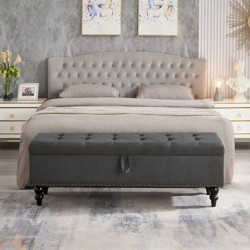 Grey / Blue / Beige Button-Tufted Fabric Storage Bench – Solid Wood Legs, 1-Seat