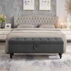 Grey / Blue / Beige Button-Tufted Fabric Storage Bench – Solid Wood Legs, 1-Seat