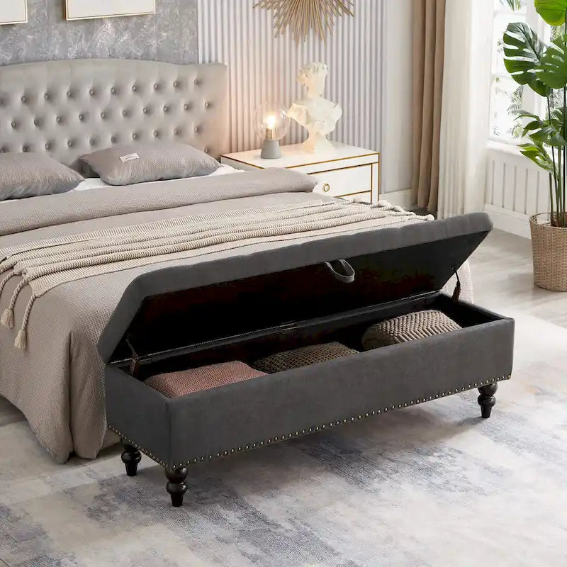 Grey / Blue / Beige Button-Tufted Fabric Storage Bench – Solid Wood Legs, 1-Seat