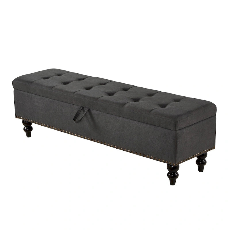 Grey / Blue / Beige Button-Tufted Fabric Storage Bench – Solid Wood Legs, 1-Seat