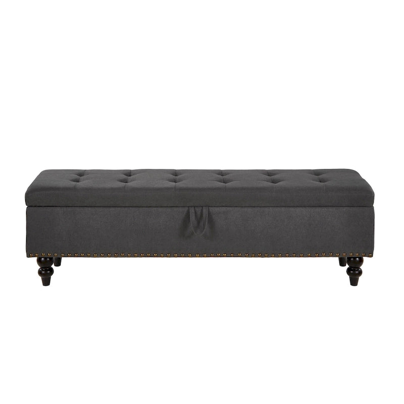 Grey / Blue / Beige Button-Tufted Fabric Storage Bench – Solid Wood Legs, 1-Seat