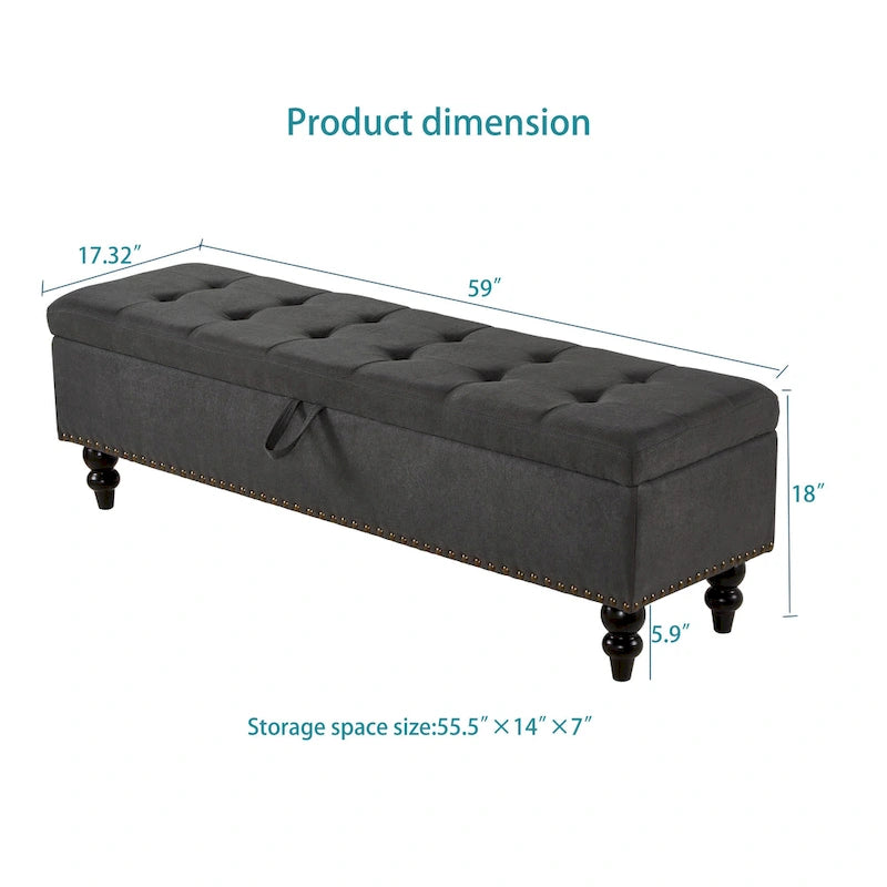 Grey / Blue / Beige Button-Tufted Fabric Storage Bench – Solid Wood Legs, 1-Seat