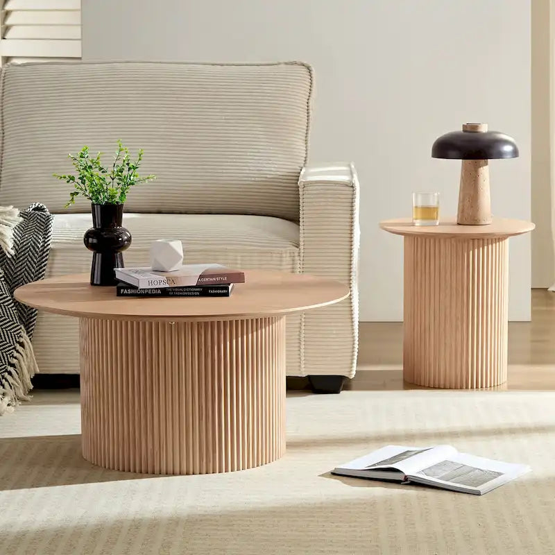 Oak Round Fluted Side Table, 17.71", Single Use
