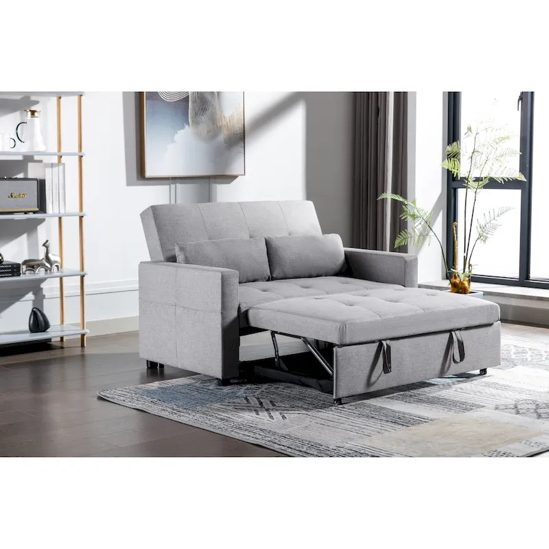 Light Grey Linen 2-Seater Convertible Sofa Bed with Storage Pockets