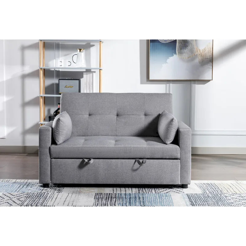 Light Grey Linen 2-Seater Convertible Sofa Bed with Storage Pockets