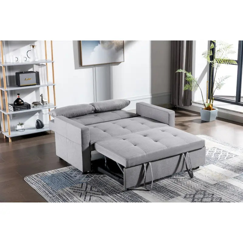 Light Grey Linen 2-Seater Convertible Sofa Bed with Storage Pockets
