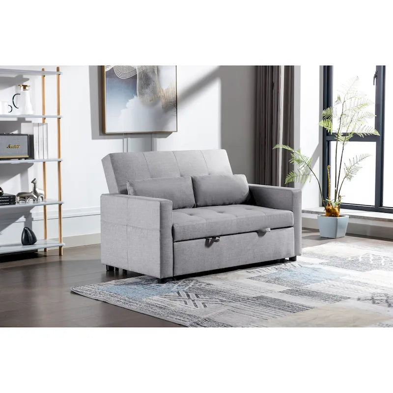 Light Grey Linen 2-Seater Convertible Sofa Bed with Storage Pockets