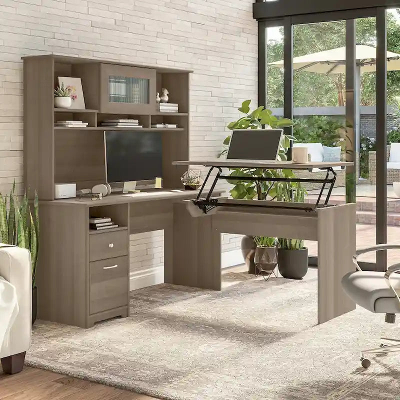 60W 3-position L-shaped Sit to Stand Desk with Hutch by Bush Furniture