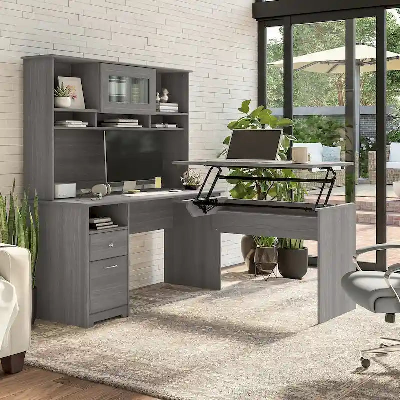 60W 3-position L-shaped Sit to Stand Desk with Hutch by Bush Furniture