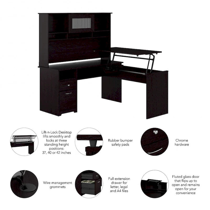 60W 3-position L-shaped Sit to Stand Desk with Hutch by Bush Furniture