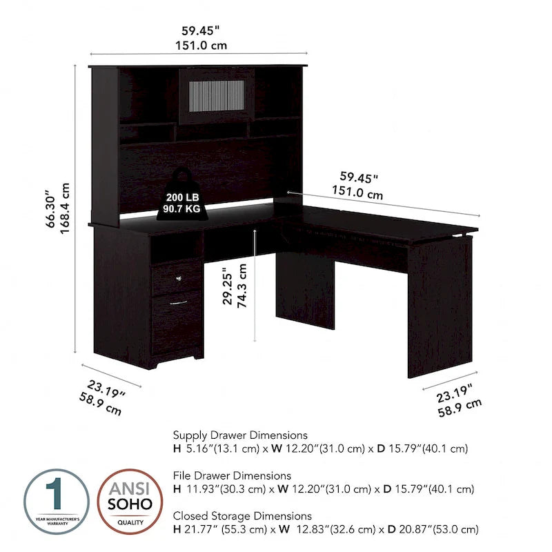 60W 3-position L-shaped Sit to Stand Desk with Hutch by Bush Furniture