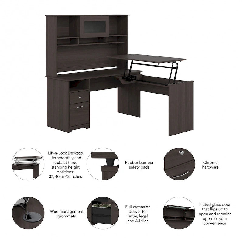 60W 3-position L-shaped Sit to Stand Desk with Hutch by Bush Furniture