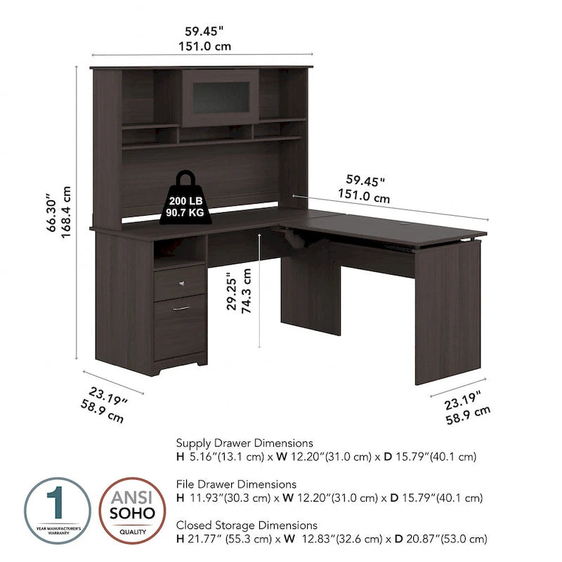 60W 3-position L-shaped Sit to Stand Desk with Hutch by Bush Furniture