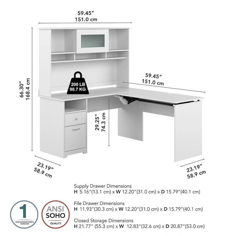 60W 3-position L-shaped Sit to Stand Desk with Hutch by Bush Furniture