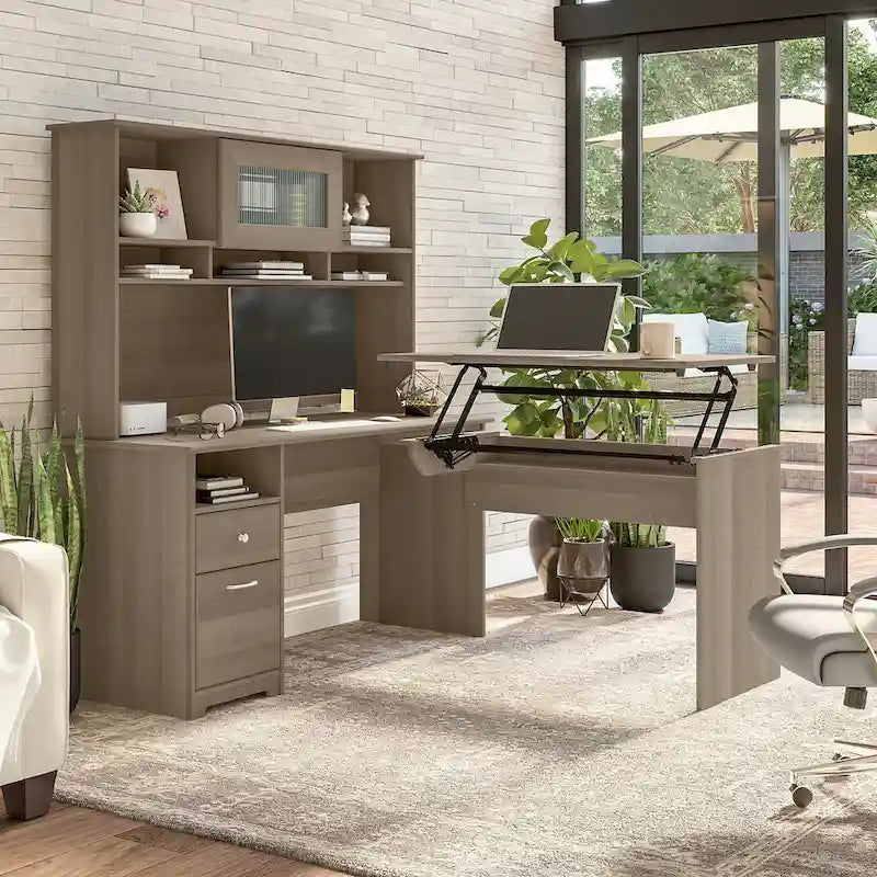 60W 3-position L-shaped Sit to Stand Desk with Hutch by Bush Furniture