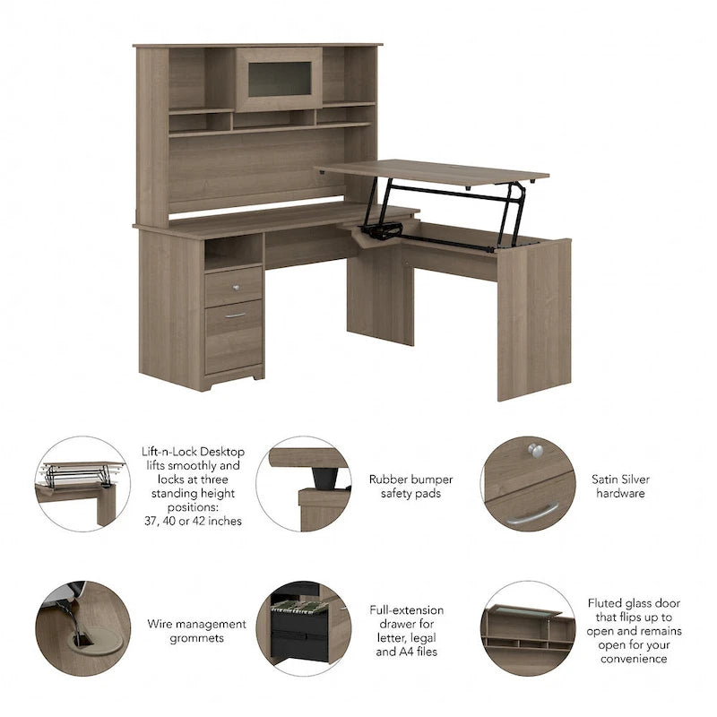 60W 3-position L-shaped Sit to Stand Desk with Hutch by Bush Furniture