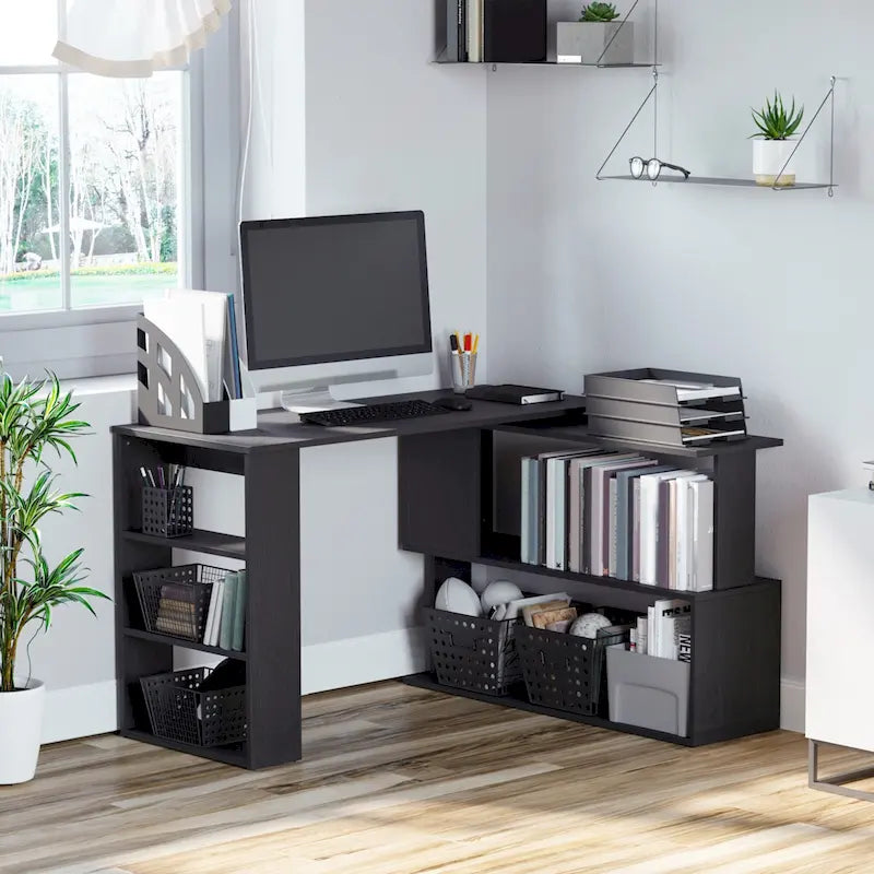 Black L-Shaped Corner Desk with Rotating Design and Shelves, 1-Person