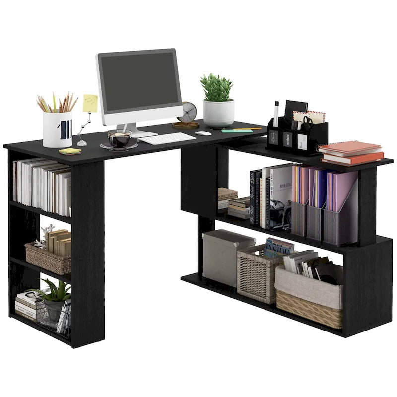 Black L-Shaped Corner Desk with Rotating Design and Shelves, 1-Person