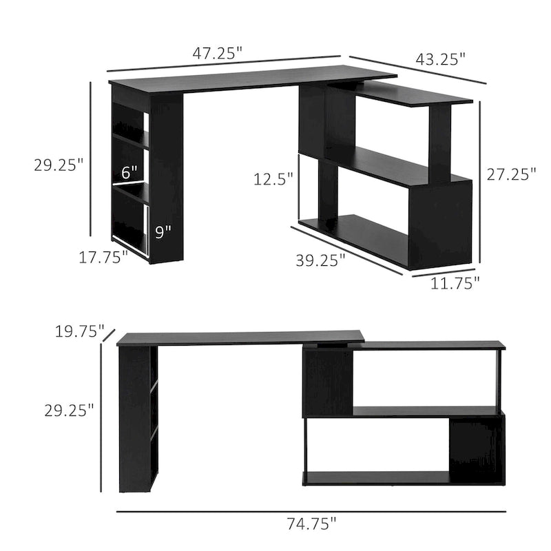 Black L-Shaped Corner Desk with Rotating Design and Shelves, 1-Person