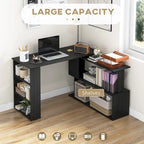 Black L-Shaped Corner Desk with Rotating Design and Shelves, 1-Person
