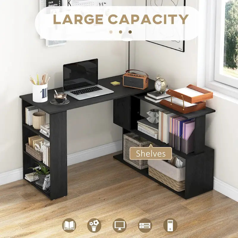 Black L-Shaped Corner Desk with Rotating Design and Shelves, 1-Person