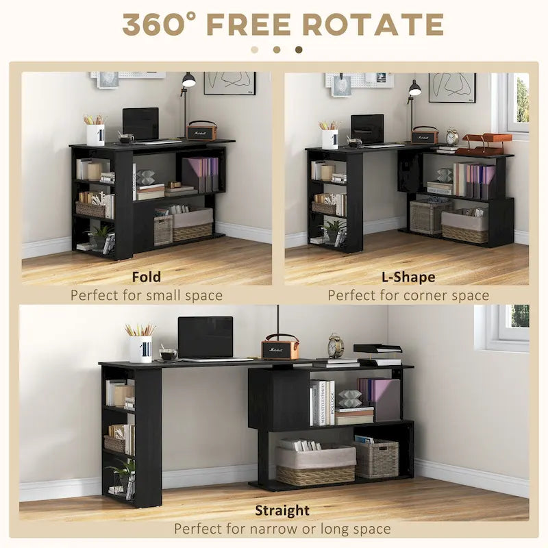 Black L-Shaped Corner Desk with Rotating Design and Shelves, 1-Person