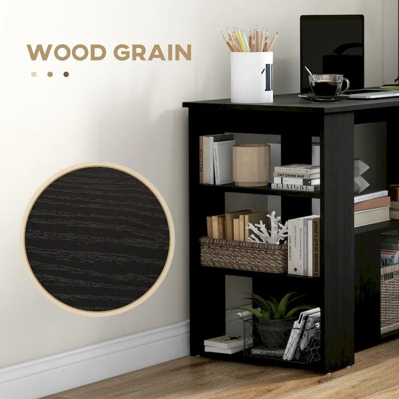 Black L-Shaped Corner Desk with Rotating Design and Shelves, 1-Person