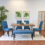 Mid-Century Modern Rectangular Dining Table with Brass Nailhead Chairs and Metallic Hairpin Legs for Kitchen Living Room