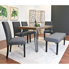 Mid-Century Modern Rectangular Dining Table with Brass Nailhead Chairs and Metallic Hairpin Legs for Kitchen Living Room