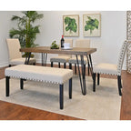 Mid-Century Modern Rectangular Dining Table with Brass Nailhead Chairs and Metallic Hairpin Legs for Kitchen Living Room