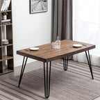 Mid-Century Modern Rectangular Dining Table with Brass Nailhead Chairs and Metallic Hairpin Legs for Kitchen Living Room