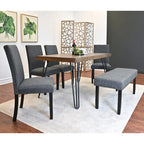 Mid-Century Modern Rectangular Dining Table with Brass Nailhead Chairs and Metallic Hairpin Legs for Kitchen Living Room