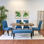 Mid-Century Modern Rectangular Dining Table with Brass Nailhead Chairs and Metallic Hairpin Legs for Kitchen Living Room