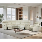 Cream Genuine Leather Power Reclining Sectional Sofa Set for 7, with USB & USB-C Ports