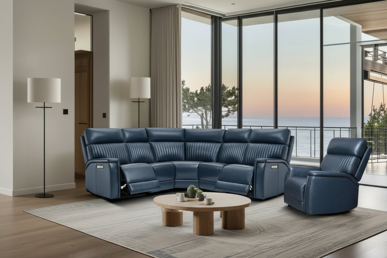 105 W Genuine Leather Power Reclining Sectional and Recliner Sofa Set with USB&USB-C Port, 2 Stationary Armlesschairs