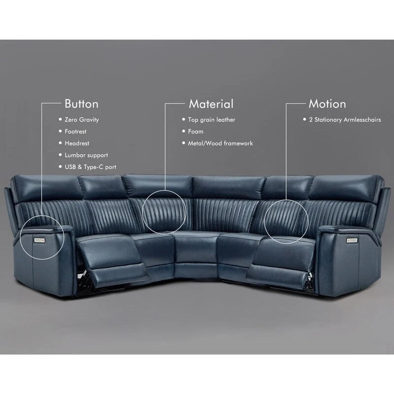 Cream Genuine Leather Power Reclining Sectional Sofa Set for 7, with USB & USB-C Ports