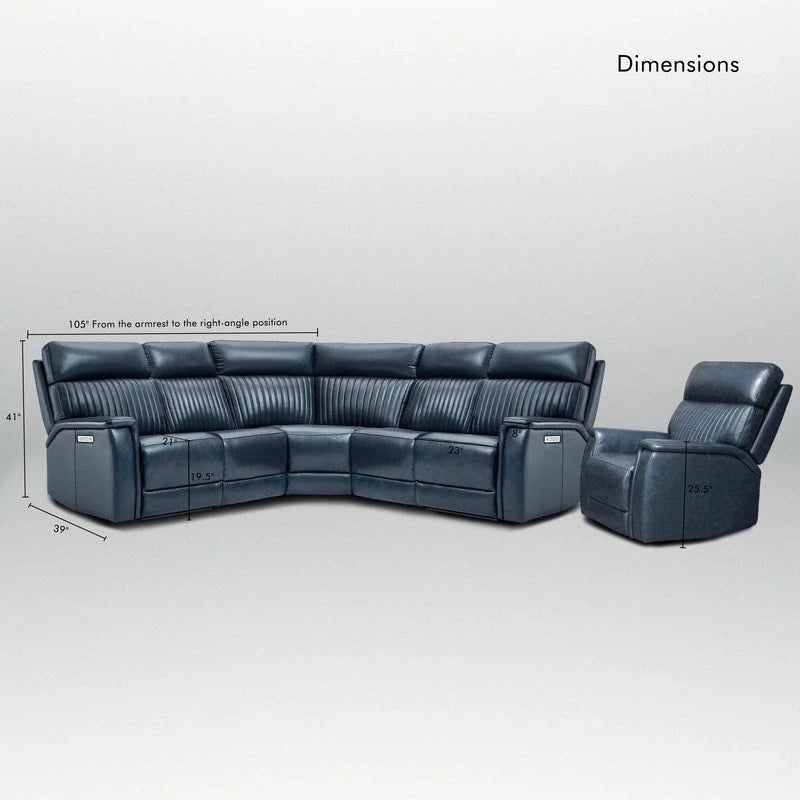 Cream Genuine Leather Power Reclining Sectional Sofa Set for 7, with USB & USB-C Ports
