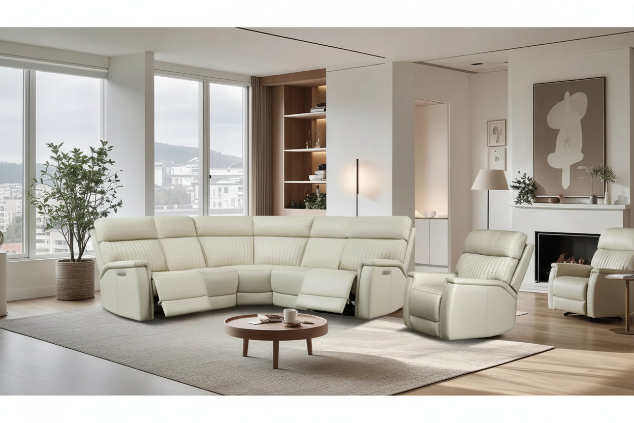 Cream Genuine Leather Power Reclining Sectional Sofa Set for 7, with USB & USB-C Ports